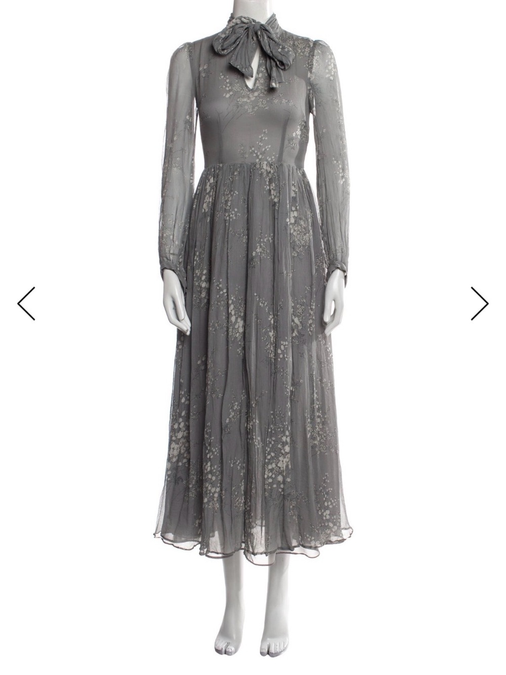 Long-Sleeve Bow-Neck Chiffon Midi Dress in Gray